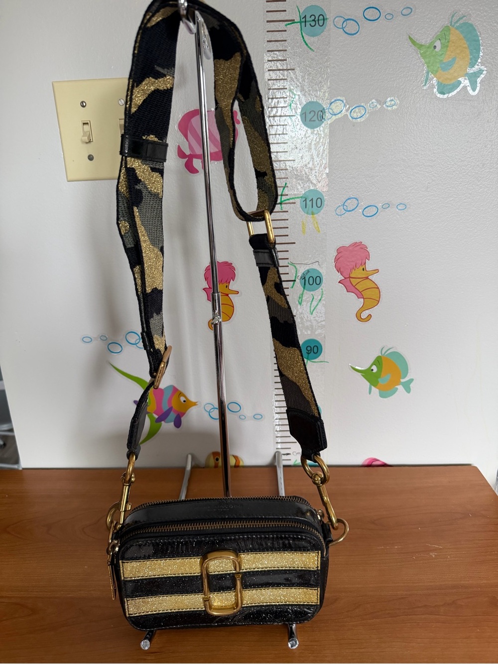 Marc Jacobs Black & Gold Striped Crossbody Camera Bag
